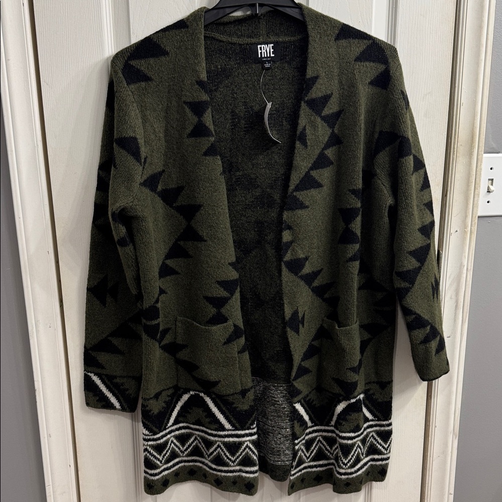 Frye Olive and Black Patterned Cardigan
